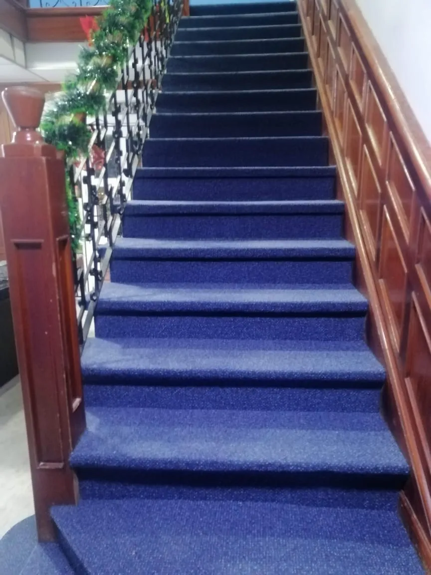 Escalera forrada · alfombra azul